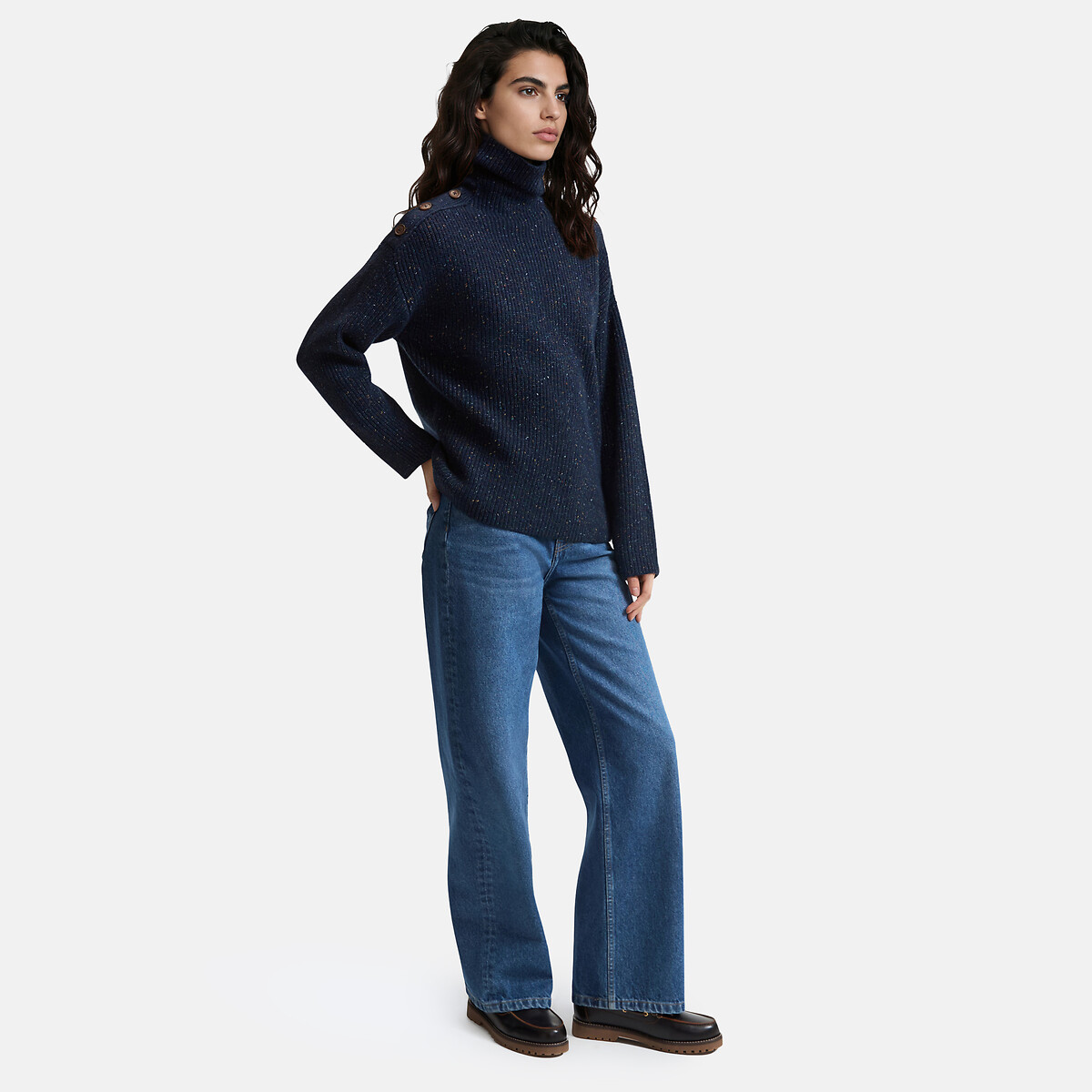 Jersey jaspeado con cuello alto y botones en los hombros azul marino, LA REDOUTE COLLECTIONS