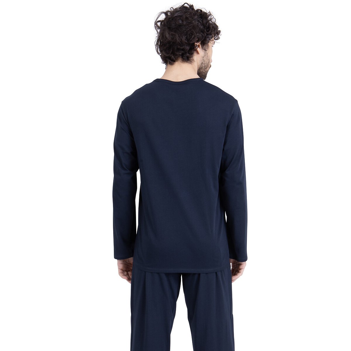 Pigiama lungo in cotone, a maniche lunghe beige/blu navy, ATHENA