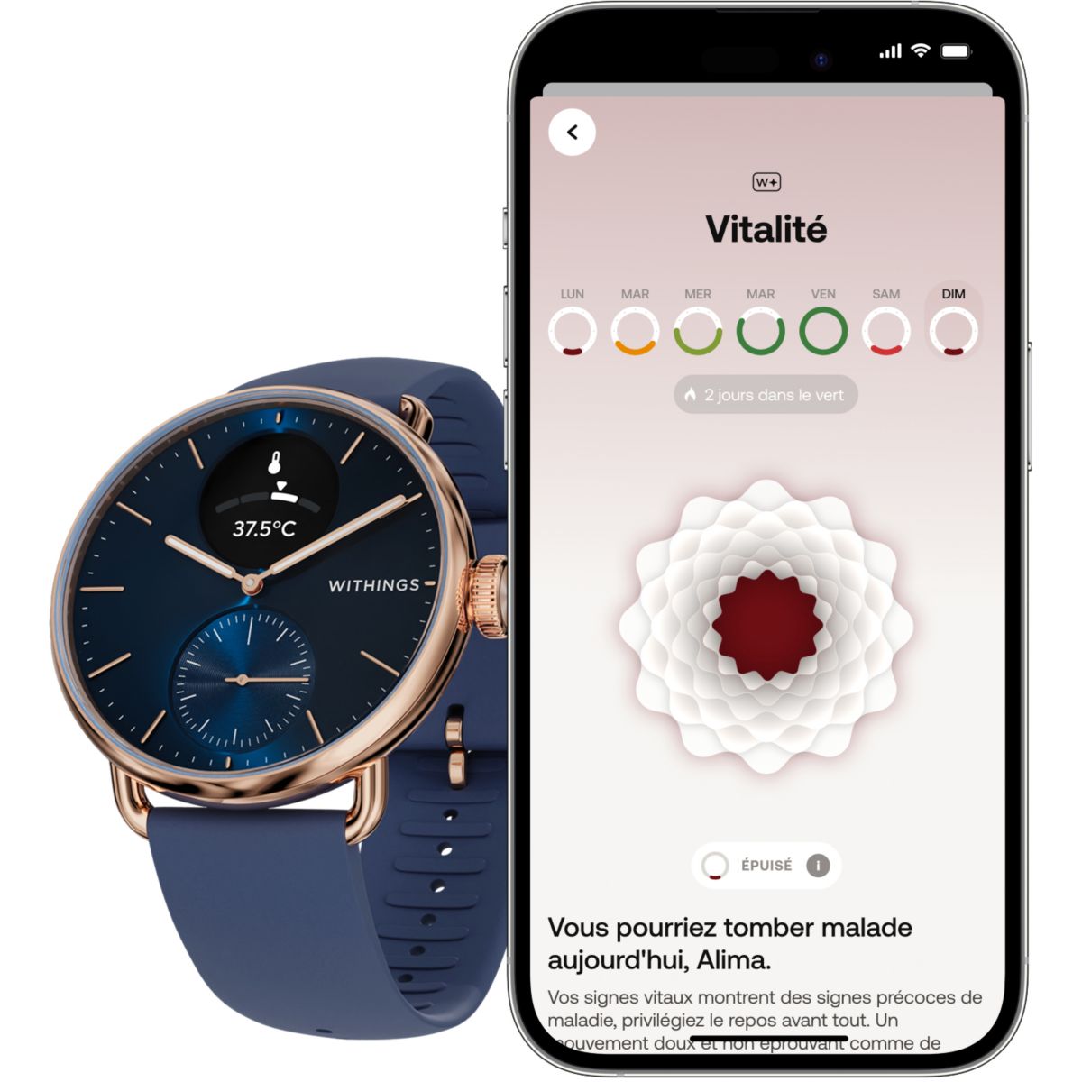 Montre santé Scanwatch 2 38mm Rose Gold Bleue couleur unique, WITHINGS