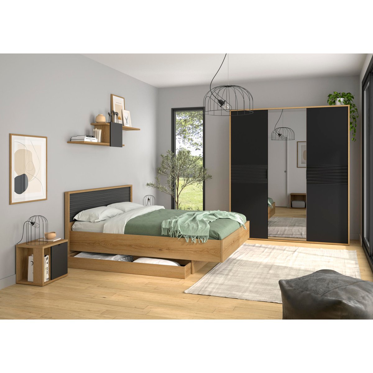Armoire 3 portes mat avec miroir central beige, GAMI