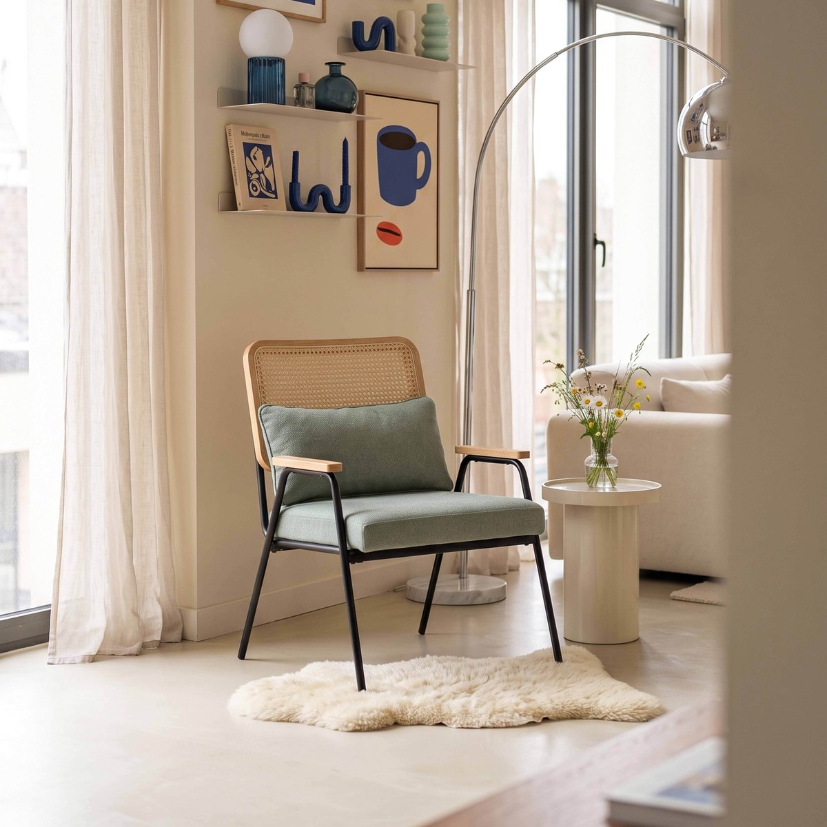 Fauteuil relax en acier, rotin synthétique et tissu, MILEY vert, OVIALA