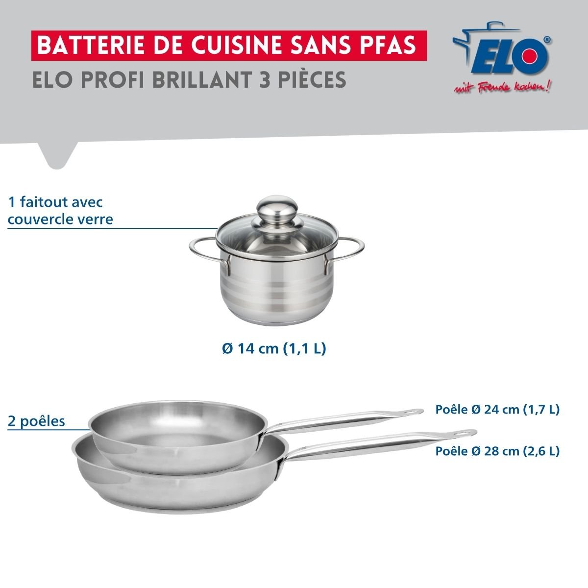 Batterie 2 poêles 24/28cm + 1 faitout 14cm PROFI BRILLANT gris, ELO