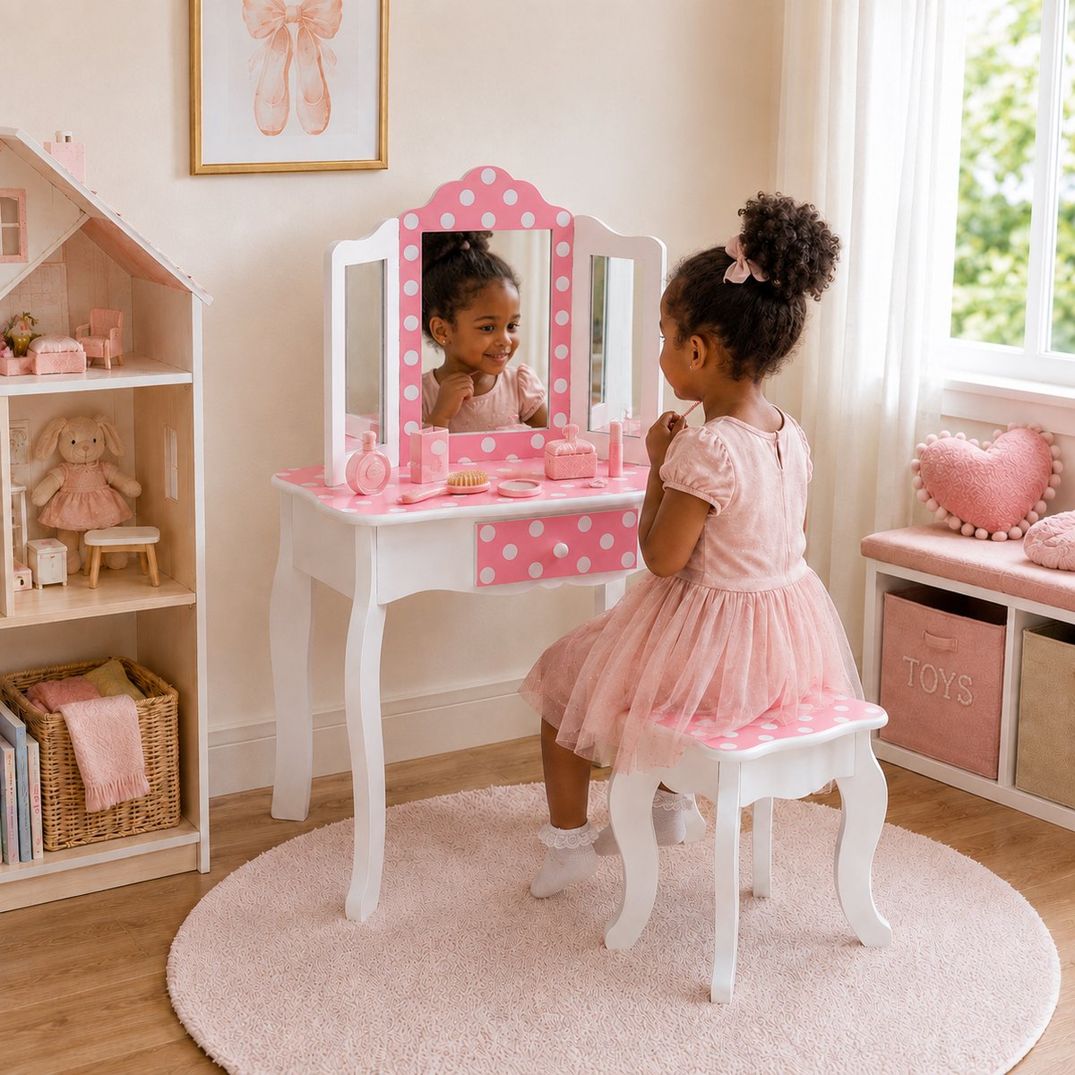 Coiffeuse Tabouret Enfant Bois avec miroir, tiroir et tabouret, FASHION PRINTS multicolore, TEAMSON KIDS