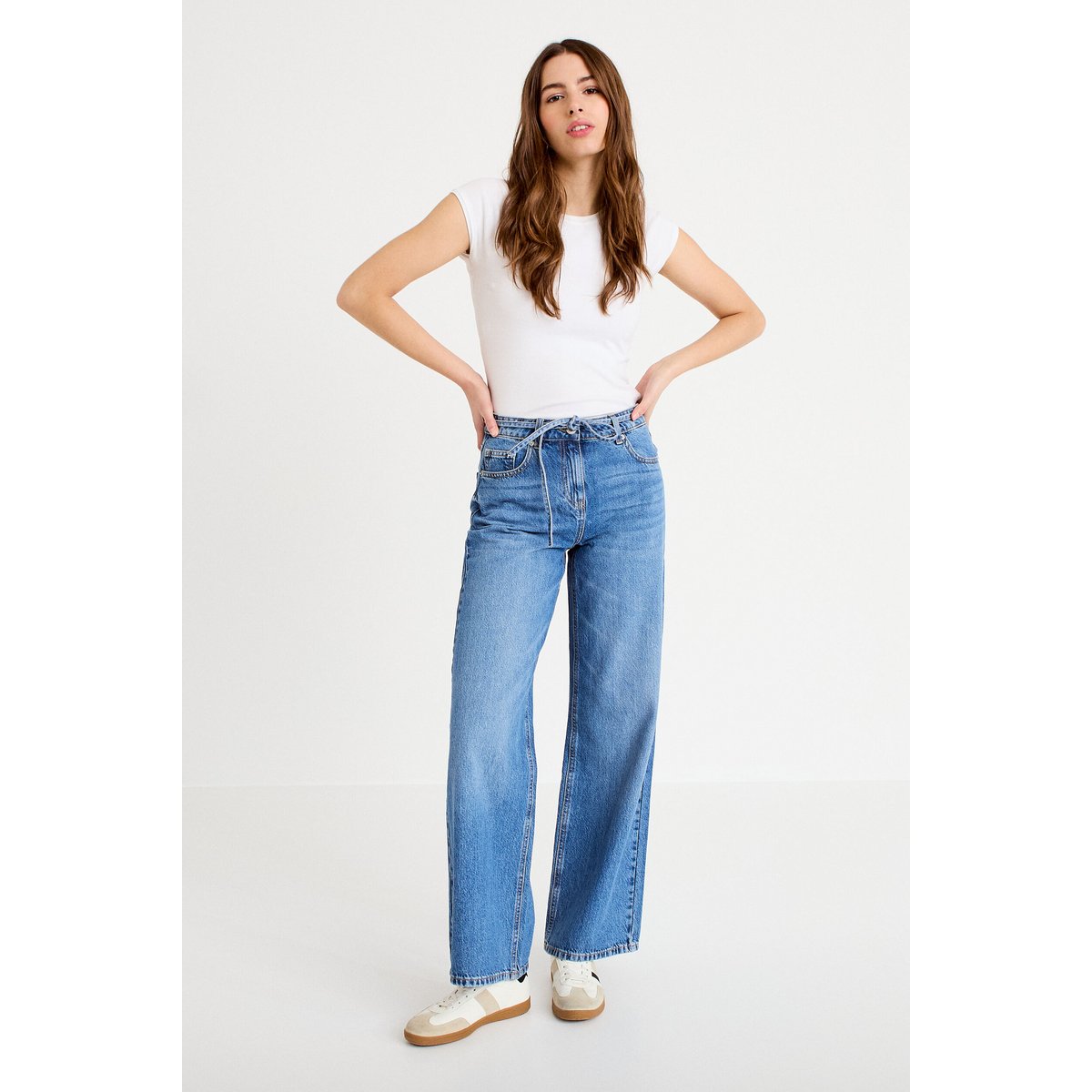 Jean wide leg ceinture taille standard denim double stone, CACHE CACHE