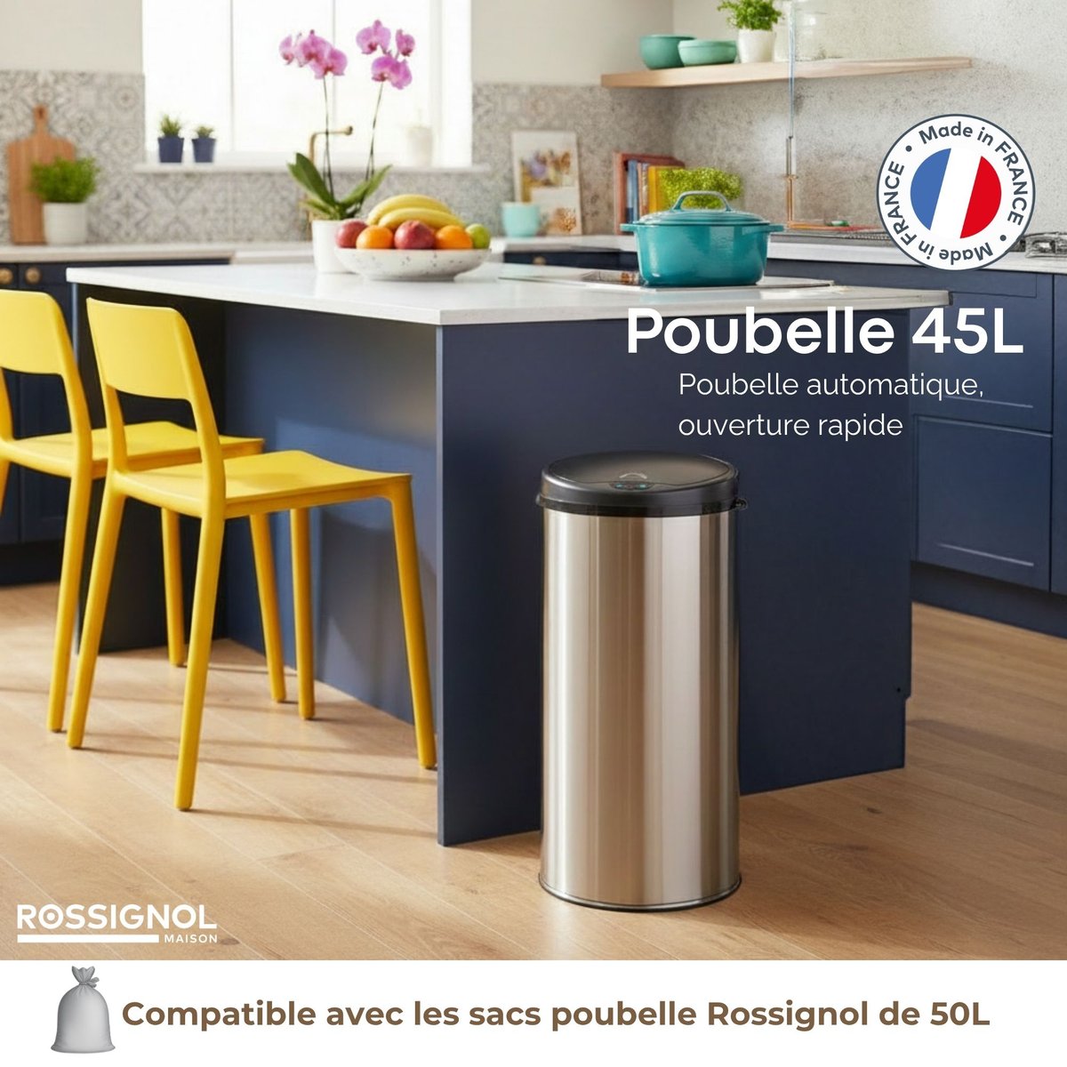 Poubelle de cuisine automatique 45L Fabriqué en France - SENSITIVE inox, ROSSIGNOL