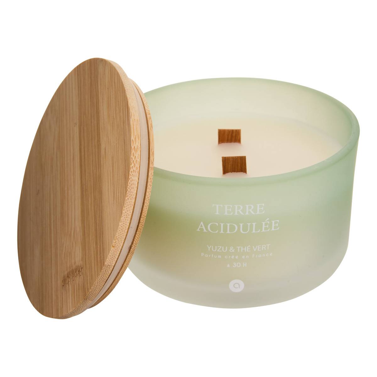Bougie parfumée grand format pot en verre à couvercle bambou SANA vert, ATMOSPHERA