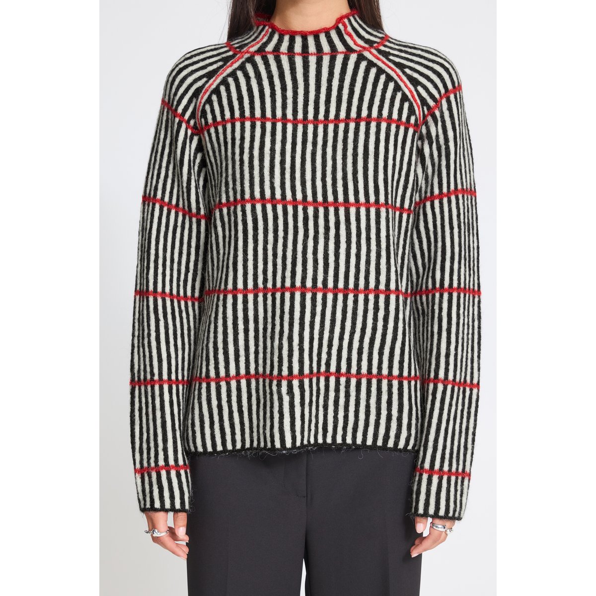Á manches longues noir blanc rouge black white salsa stripe, ICHI