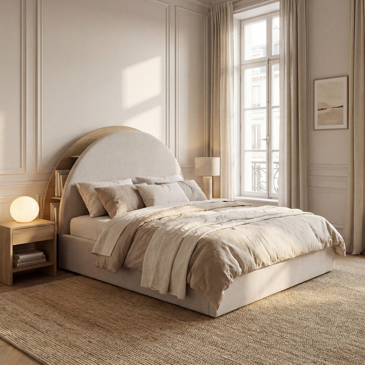 Lit coffre en tissu avec rangements intégrés 140x190cm- BRIE beige, DRAWER
