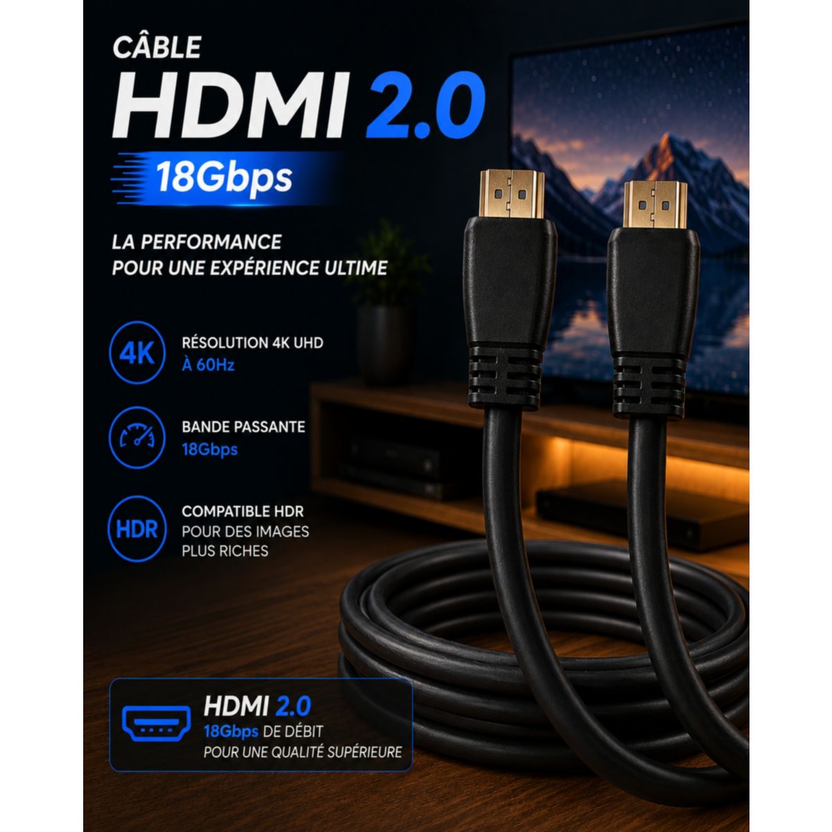 Câble HDMI 2.0/18Gbps plat 2M couleur unique, ESSENTIEL B