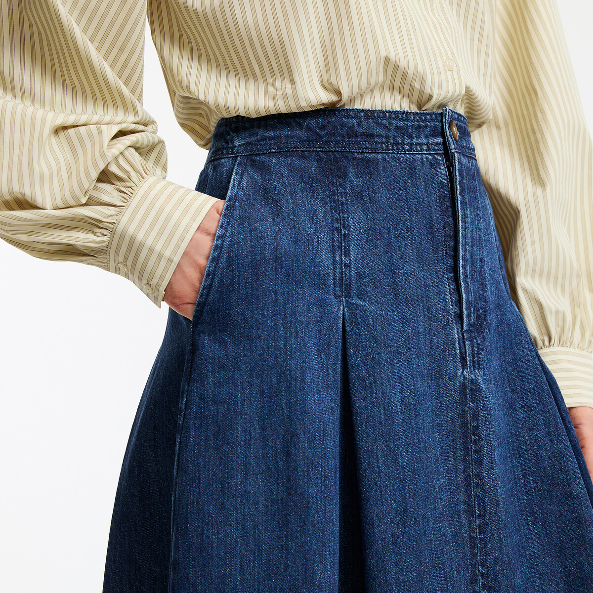Falda midi vaquera evasé con pliegues azul natural, LA REDOUTE COLLECTIONS