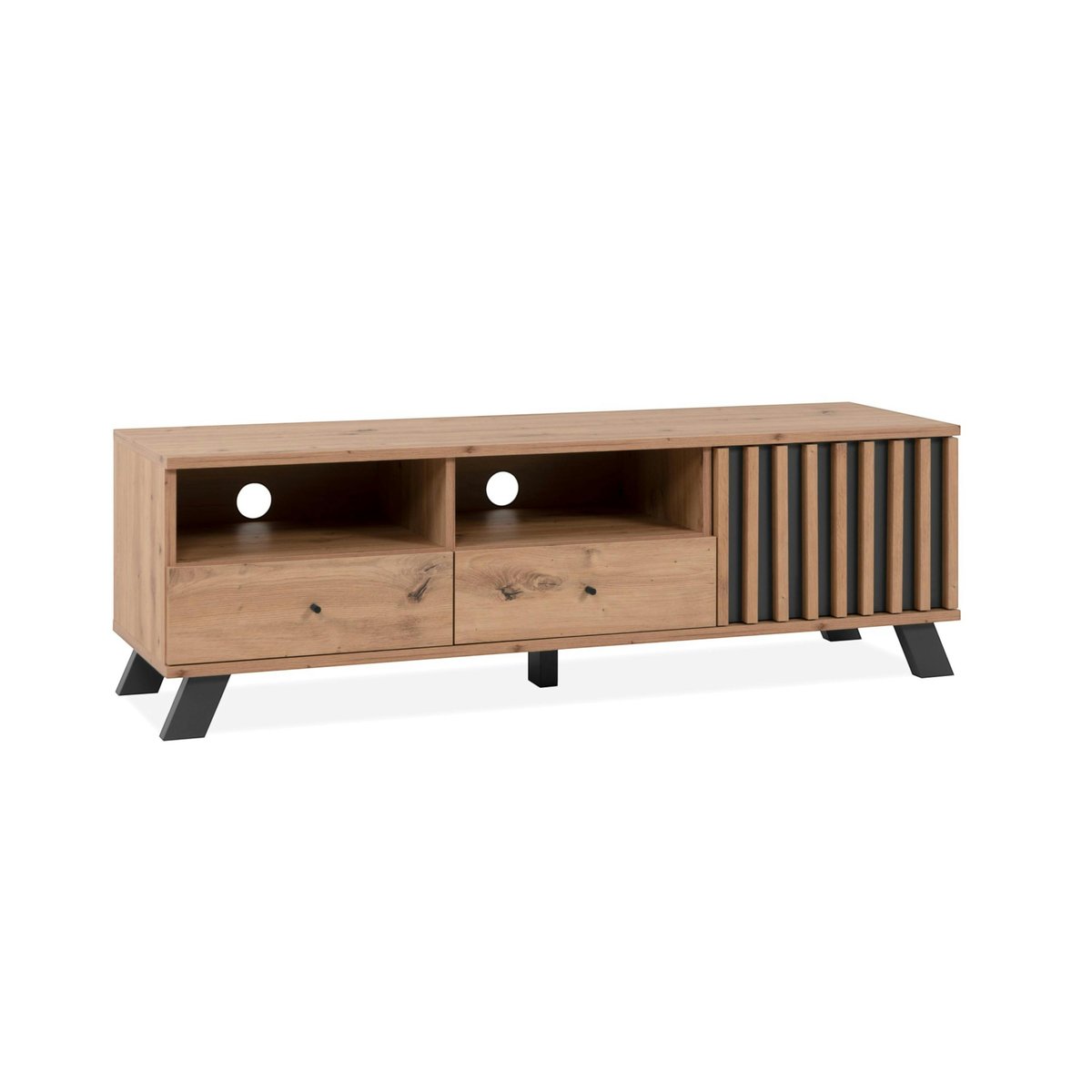 Meuble TV avec rangement 1 porte noire rainurée ALVA bois naturel, PIER IMPORT