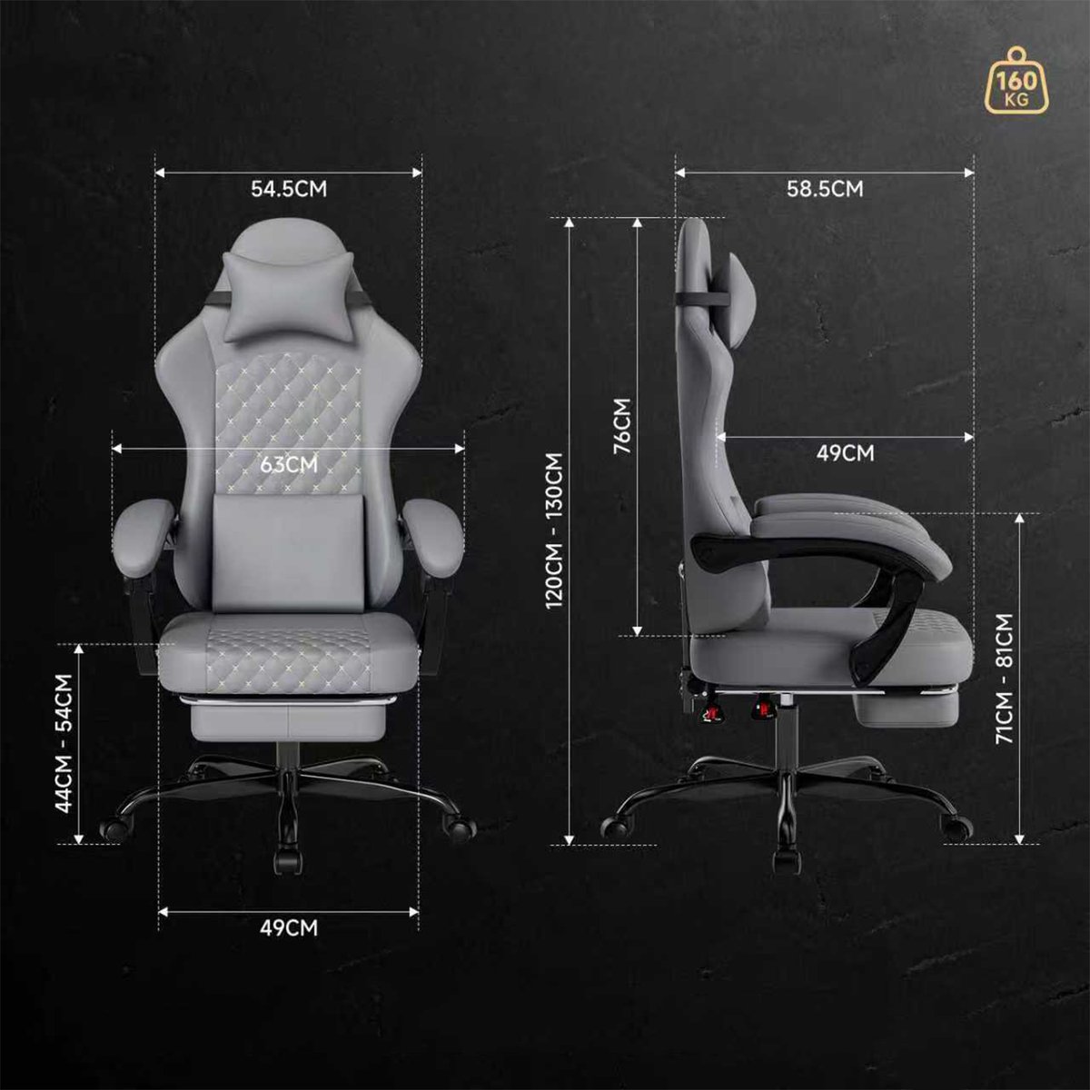 Chaise de bureau et jeu ergonomique avec repose-pieds escamotable et soutien lombaire, CURRIA gris, MEUBLES COSY