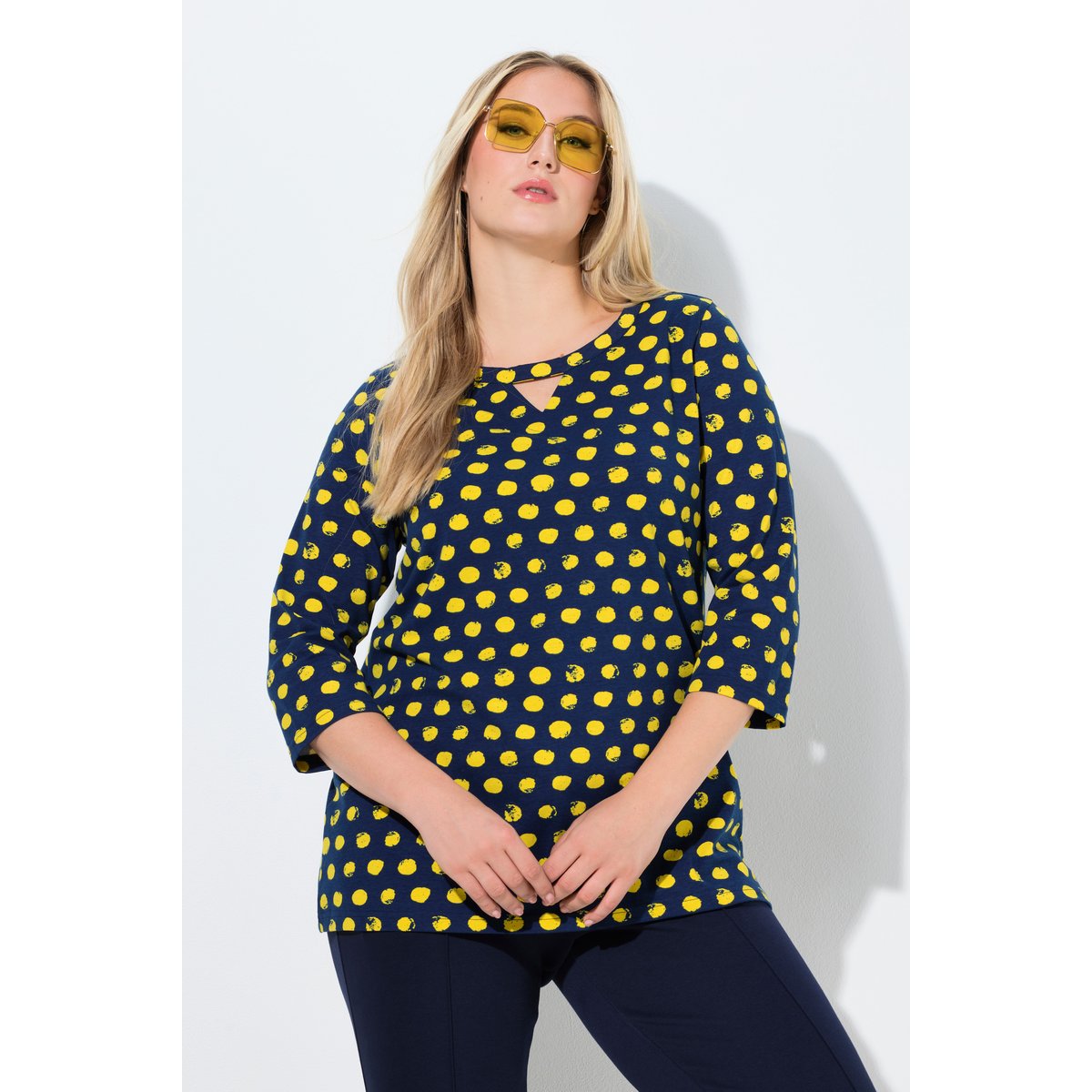 T-shirt à pois, col rond et manches 3/4 colza jaune, ULLA POPKEN