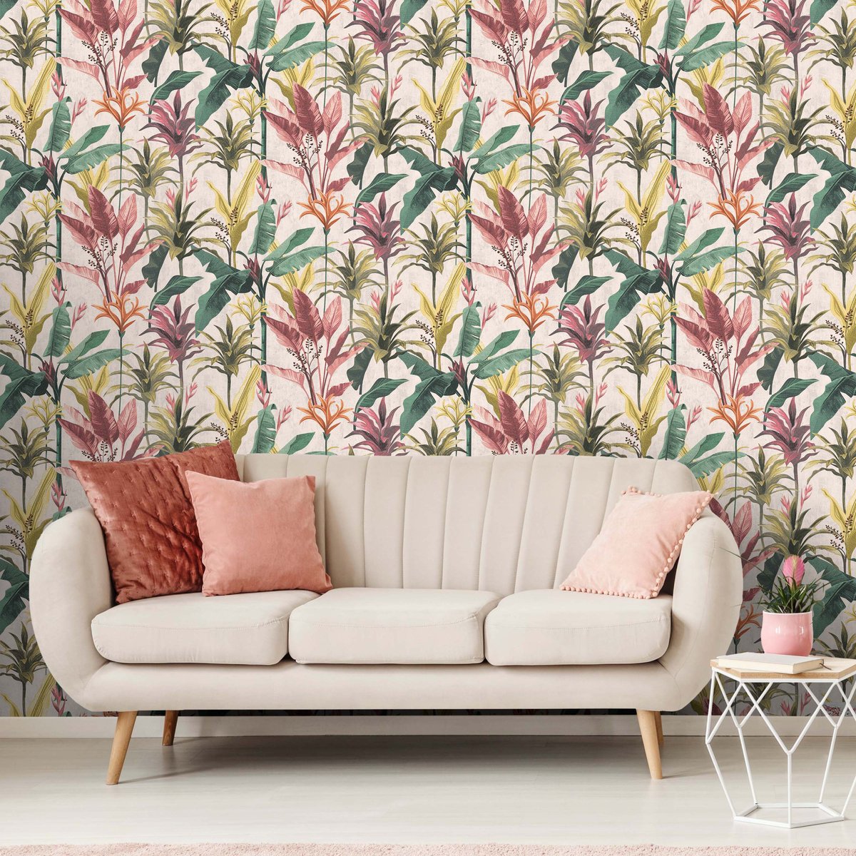 Papier peint Vintage Botanique vert, jaune, parme sur fond sable, WOW