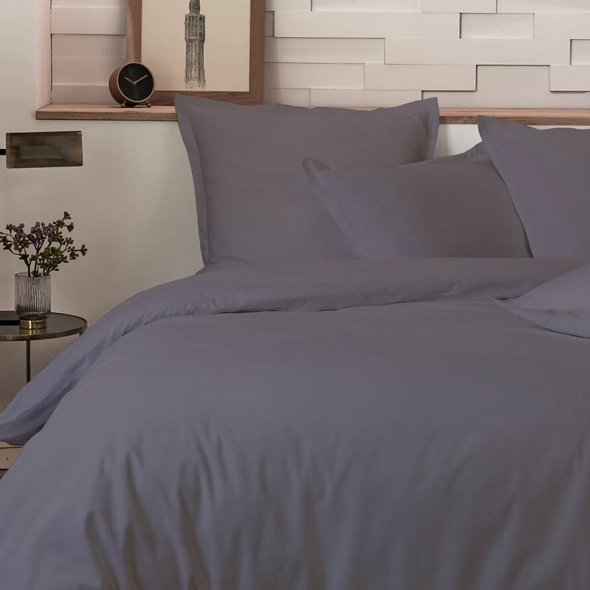 Parure housse de couette 100%percale de coton 80 fils/cm2-uni gris anthracite, C DESIGN HOME TEXTILE