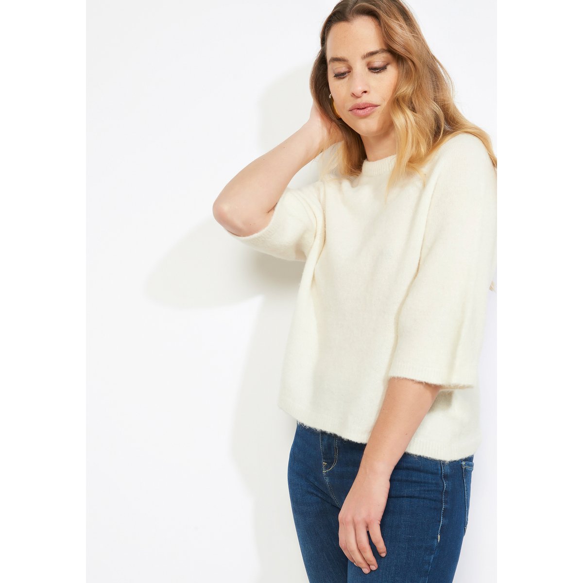 Pull doux manches 3/4 blanc vanille, LOLALIZA