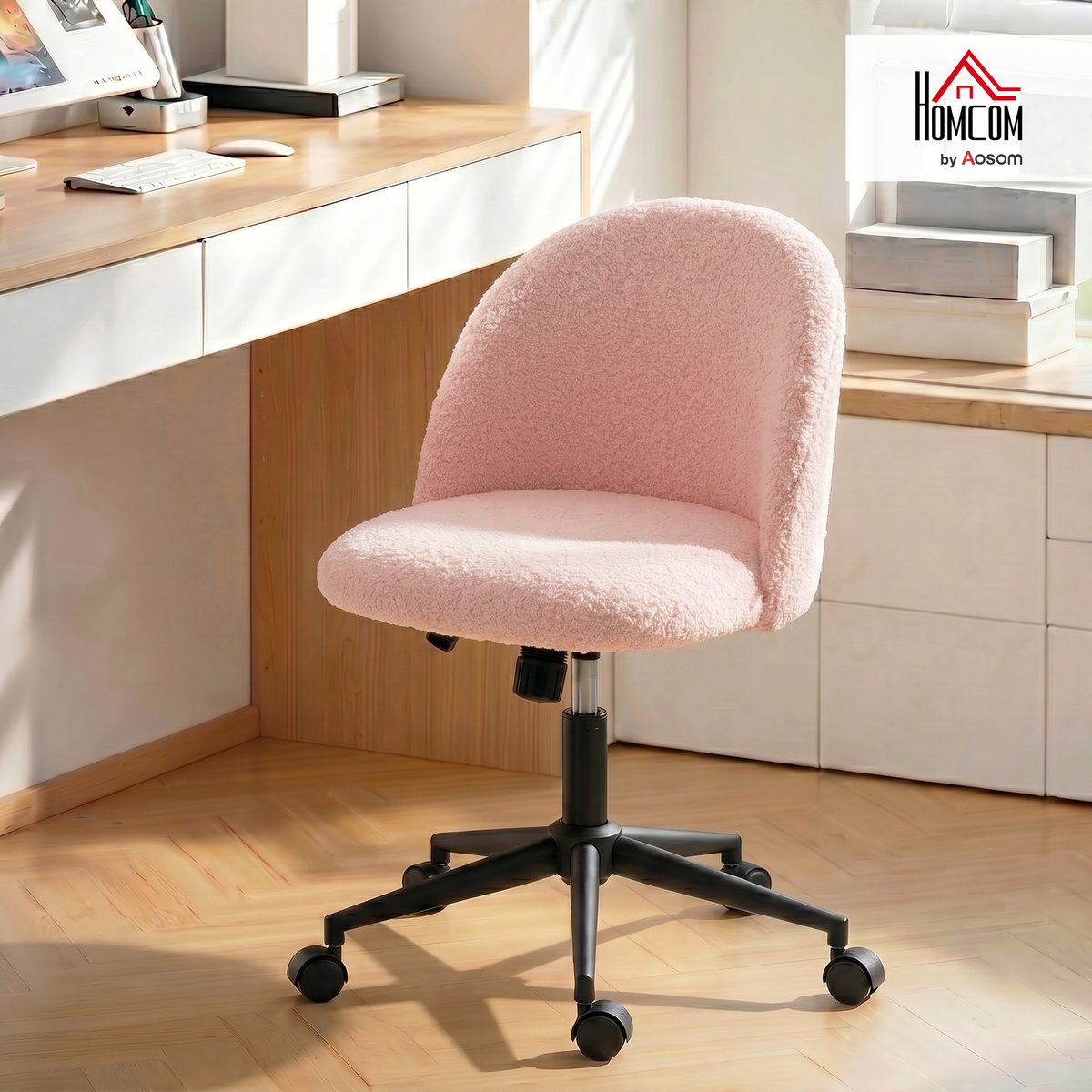 Chaise de bureau Polaire Teddy (100% rose, HOMCOM