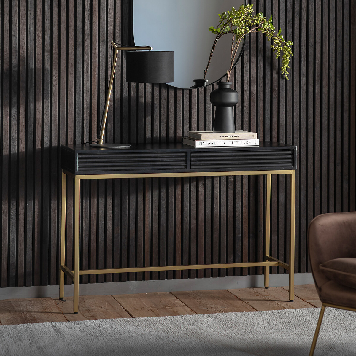 Madurai Ripple Wood 2 Drawer Console Table black, SO'HOME