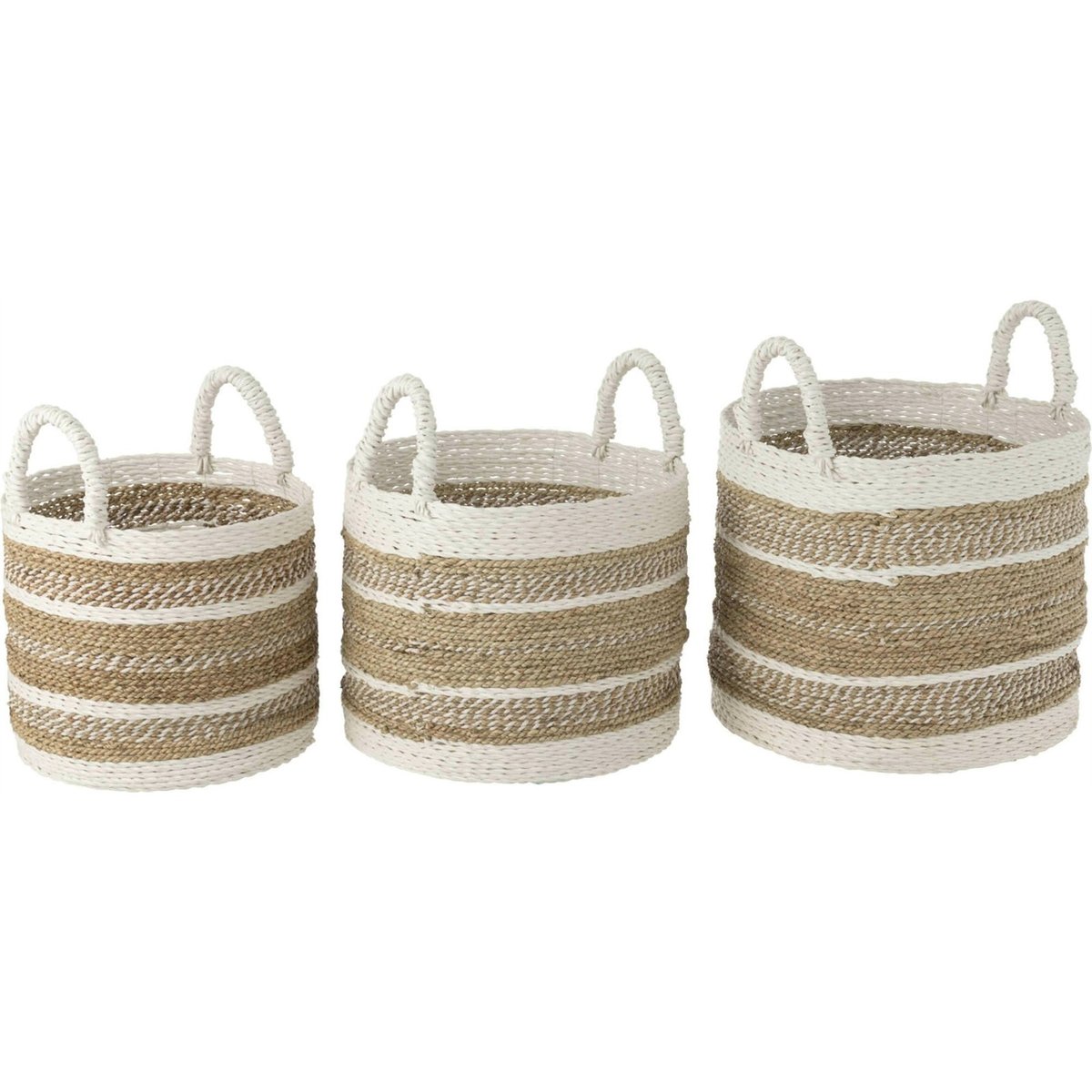 Set de 3 paniers en raphia tressé main naturel et blanc, RECOLLECTION