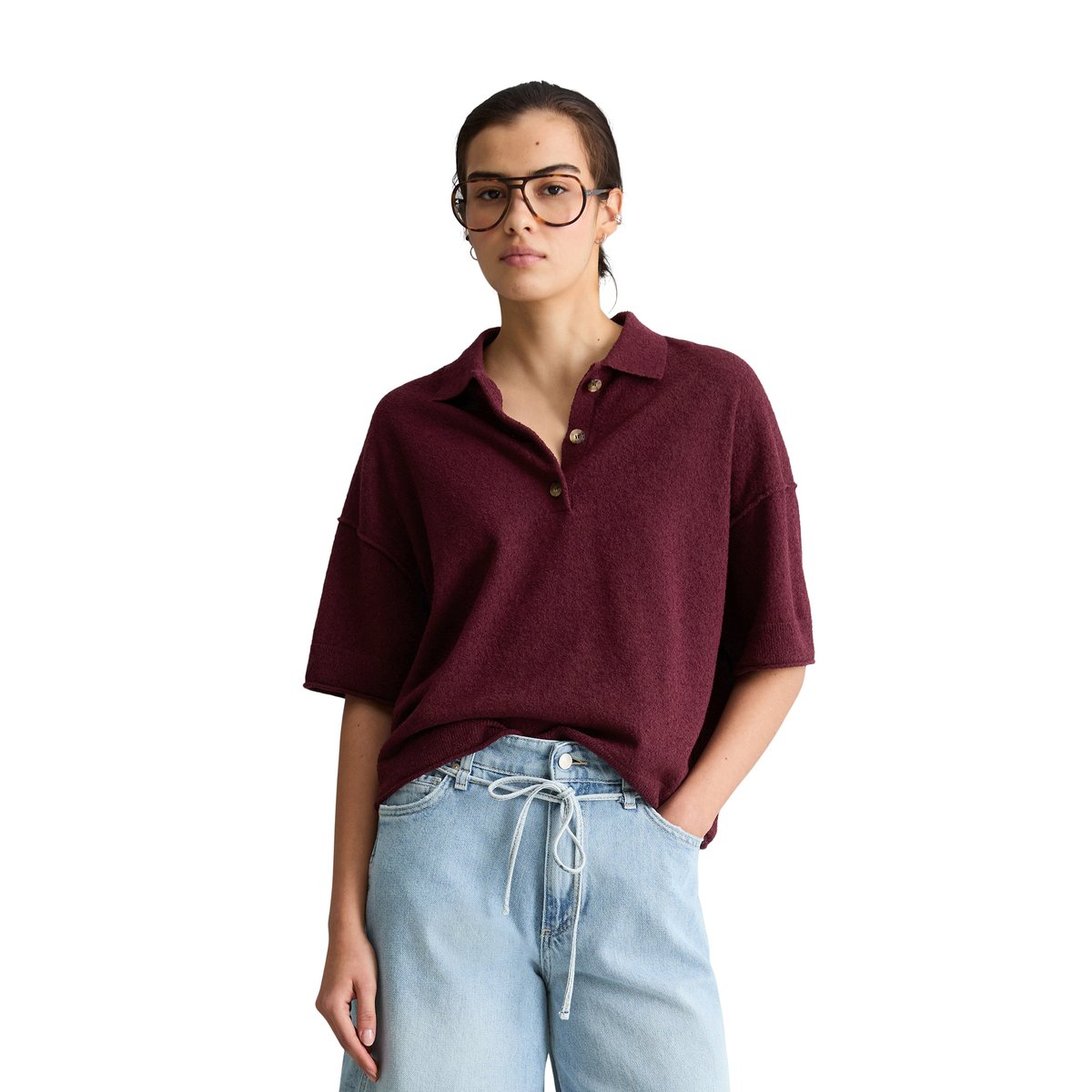 Polo en tricot régulier en mélange Crinkled Organic Cotton rouge foncé, MARC O’POLO DENIM