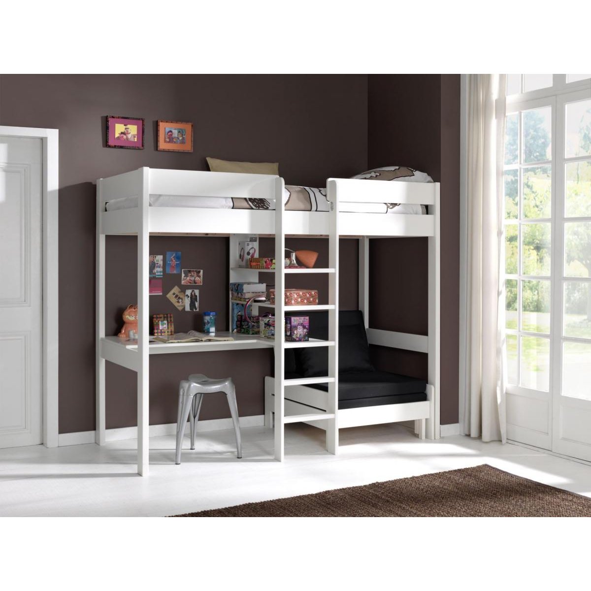Pino-Combinaison lit Mezzanine Avec Fauteuil Blanc et Un Matelas Basic Cool 10x90x200 couleur unique, VIPACK