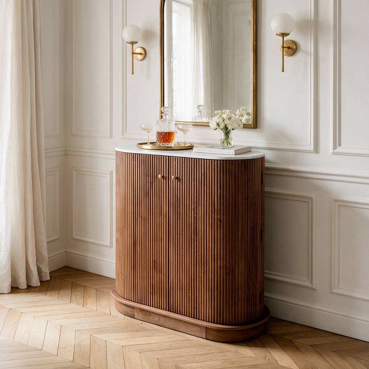 Meuble bar en bois de manguier et en marbre ELVINA couleur unique, MADE IN MEUBLES