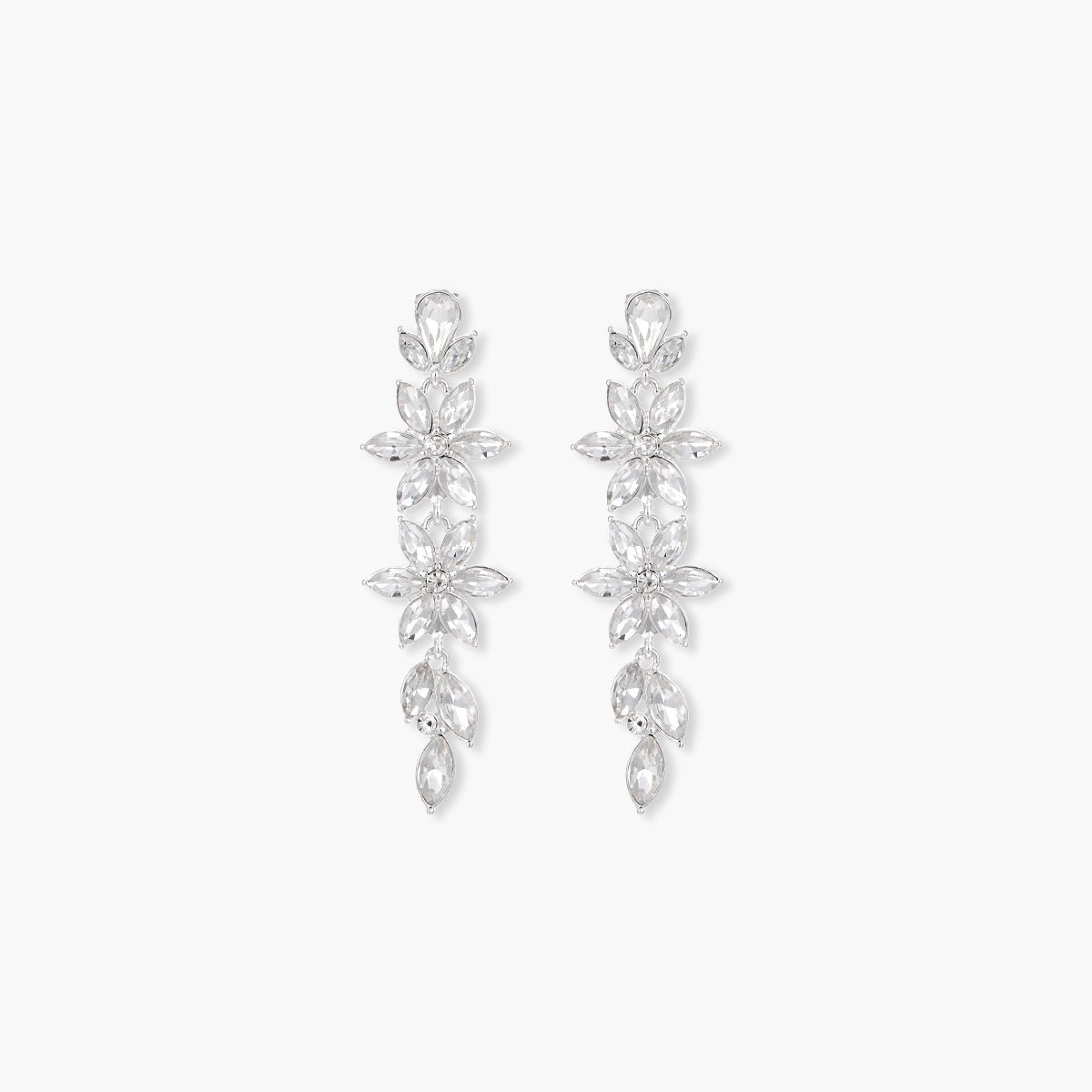 Boucles d'oreilles clips - fleurs pendantes strassées argenté, BALABOOSTE