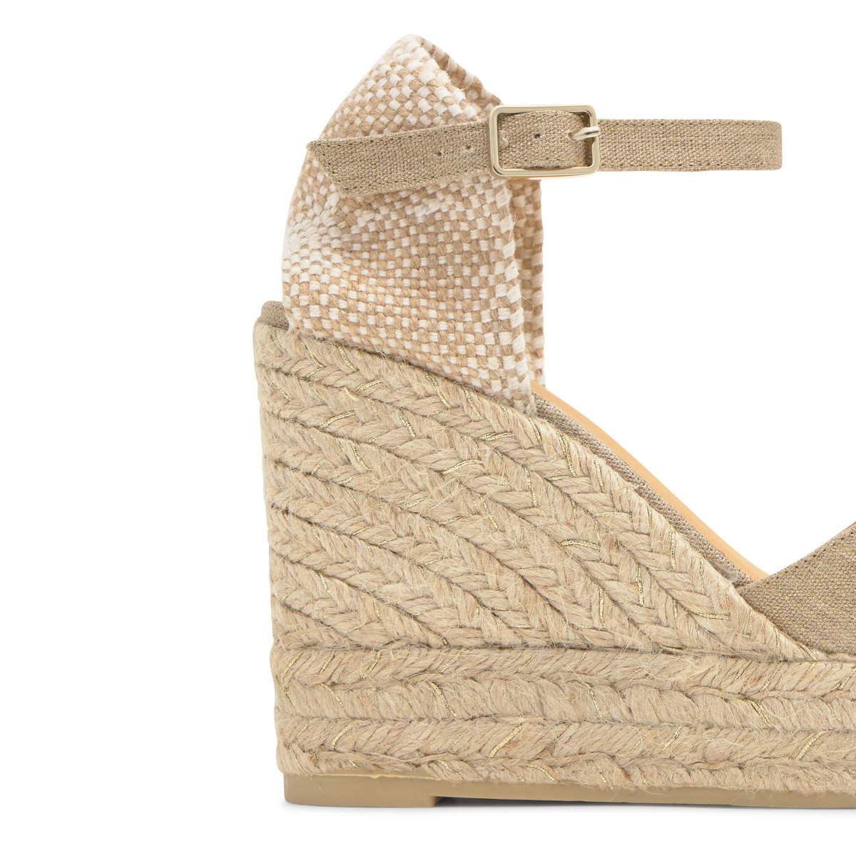 Sandales compensées en lin métallisé et jute tressée à bride cheville BLAUDI PLATFORM taupe, CASTANER