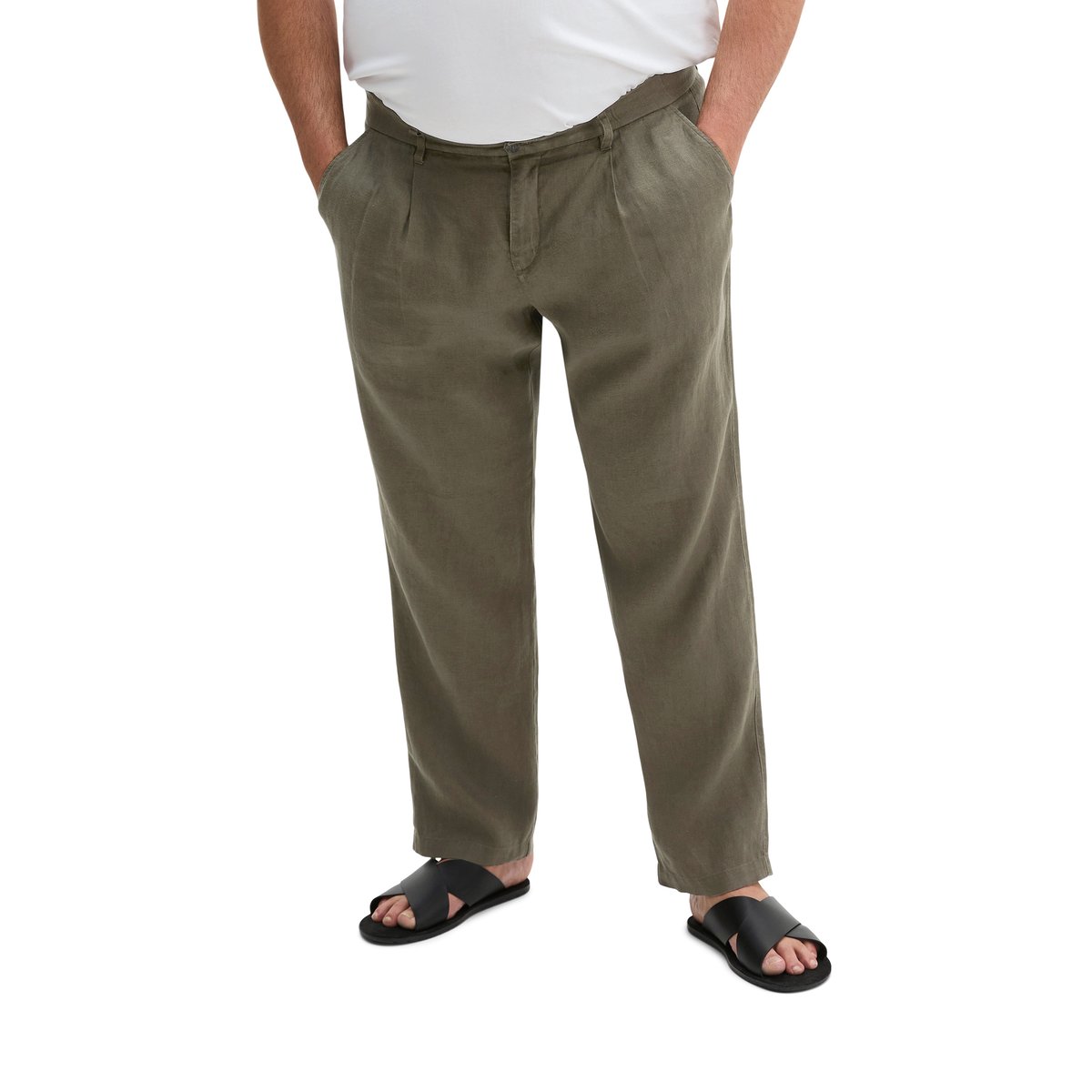 Pantalon en lin modèle Osby Jogger pleats avec ceinture élastique khaki, MARC O'POLO