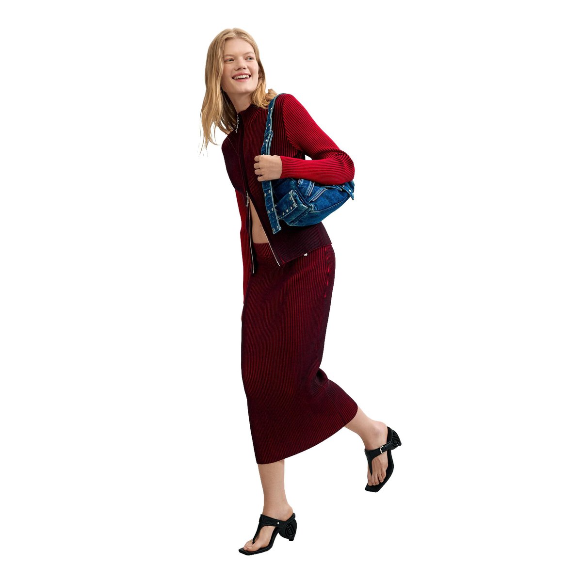 Jupe midi en maille irisée rouge, DESIGUAL