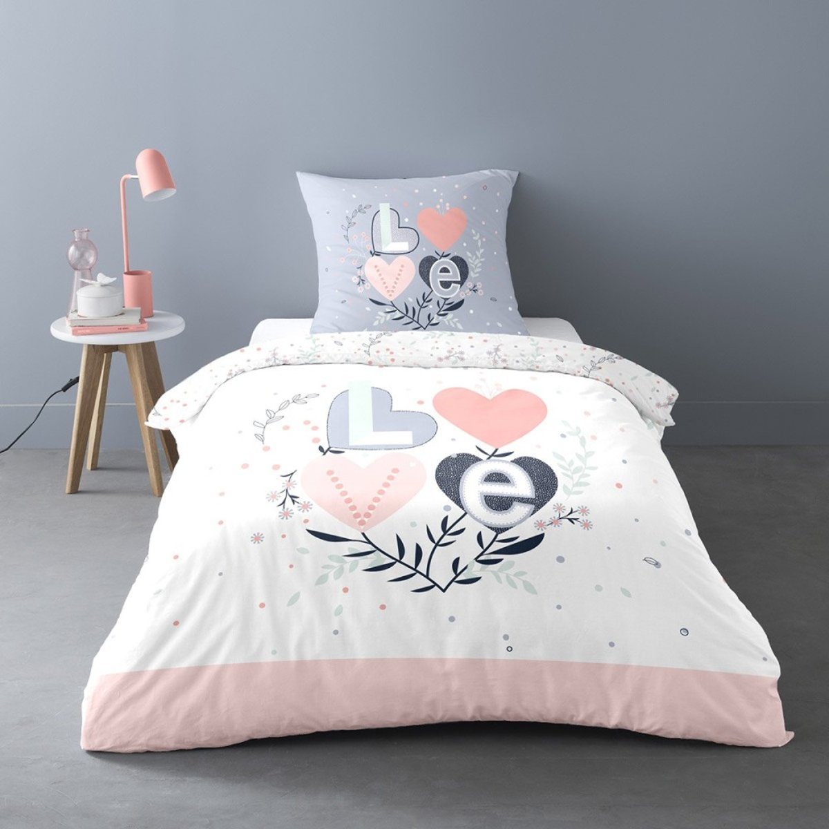 Housse de couette 140x200 Love Celia + taie polycoton blanc, DECORATIE