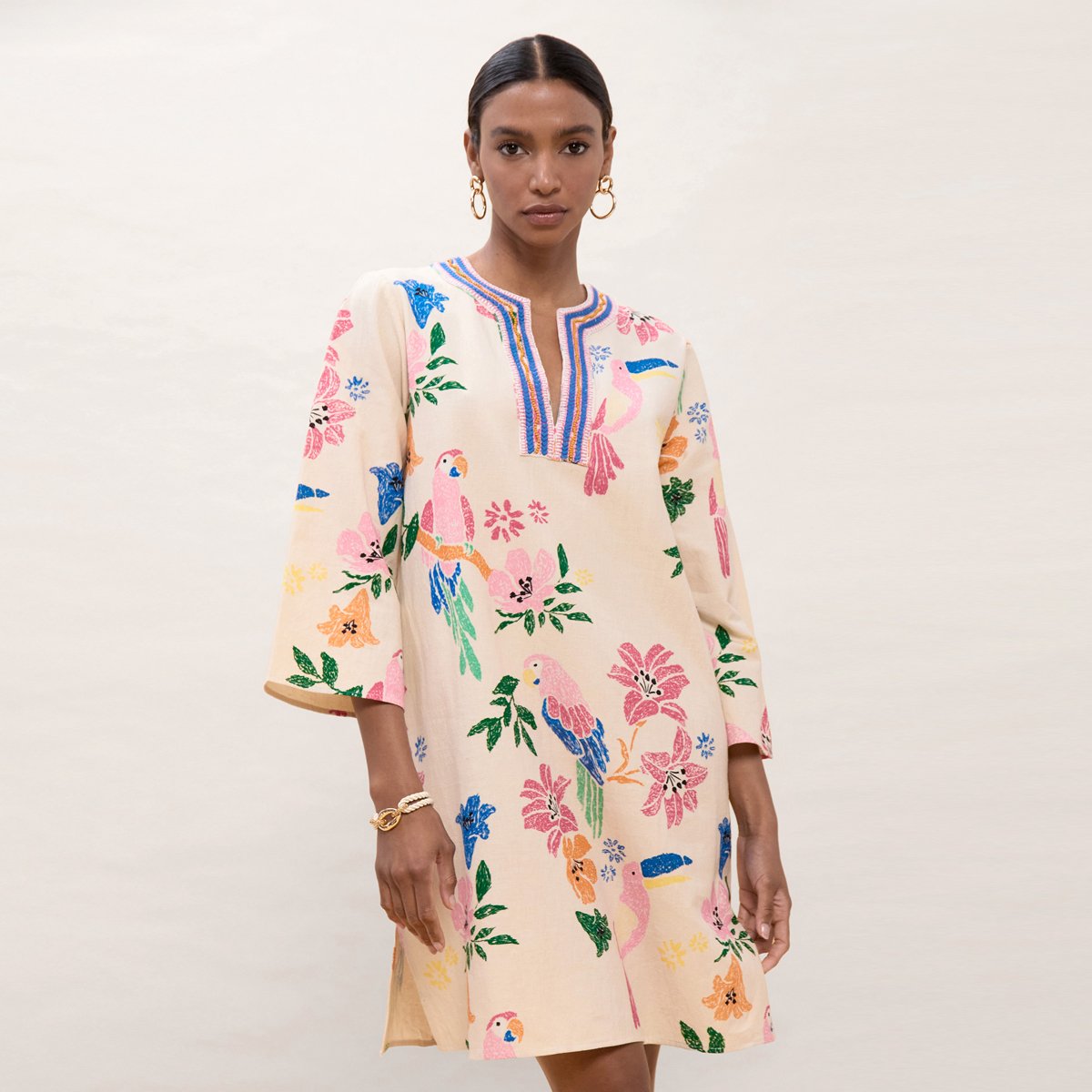 Robe longue en lin mélangé à col halter imprimée ecru, LOLA CASADEMUNT