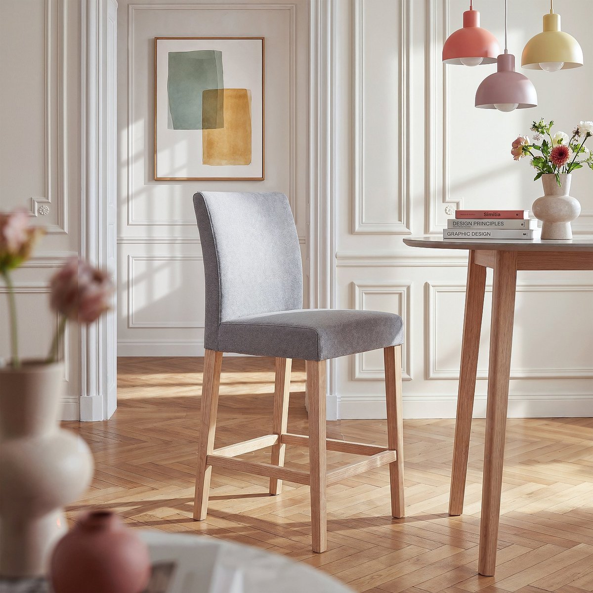 Chaise mi-haute de bar en tissu ELEONORA gris, HABITAT