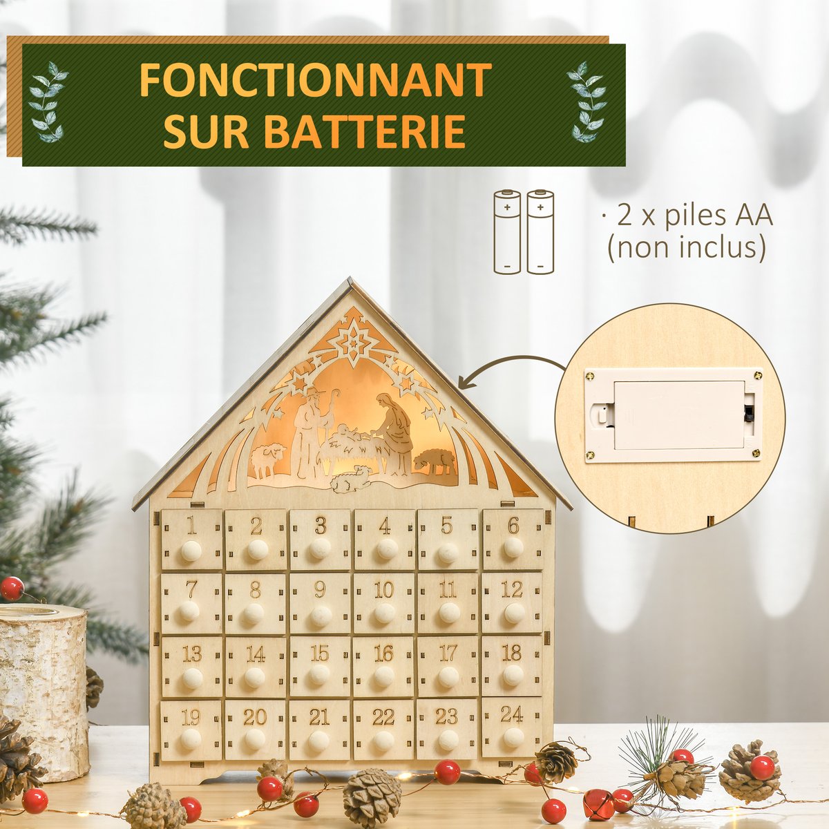 Calendrier de l'Avent de Noël Contreplaqué beige, HOMCOM