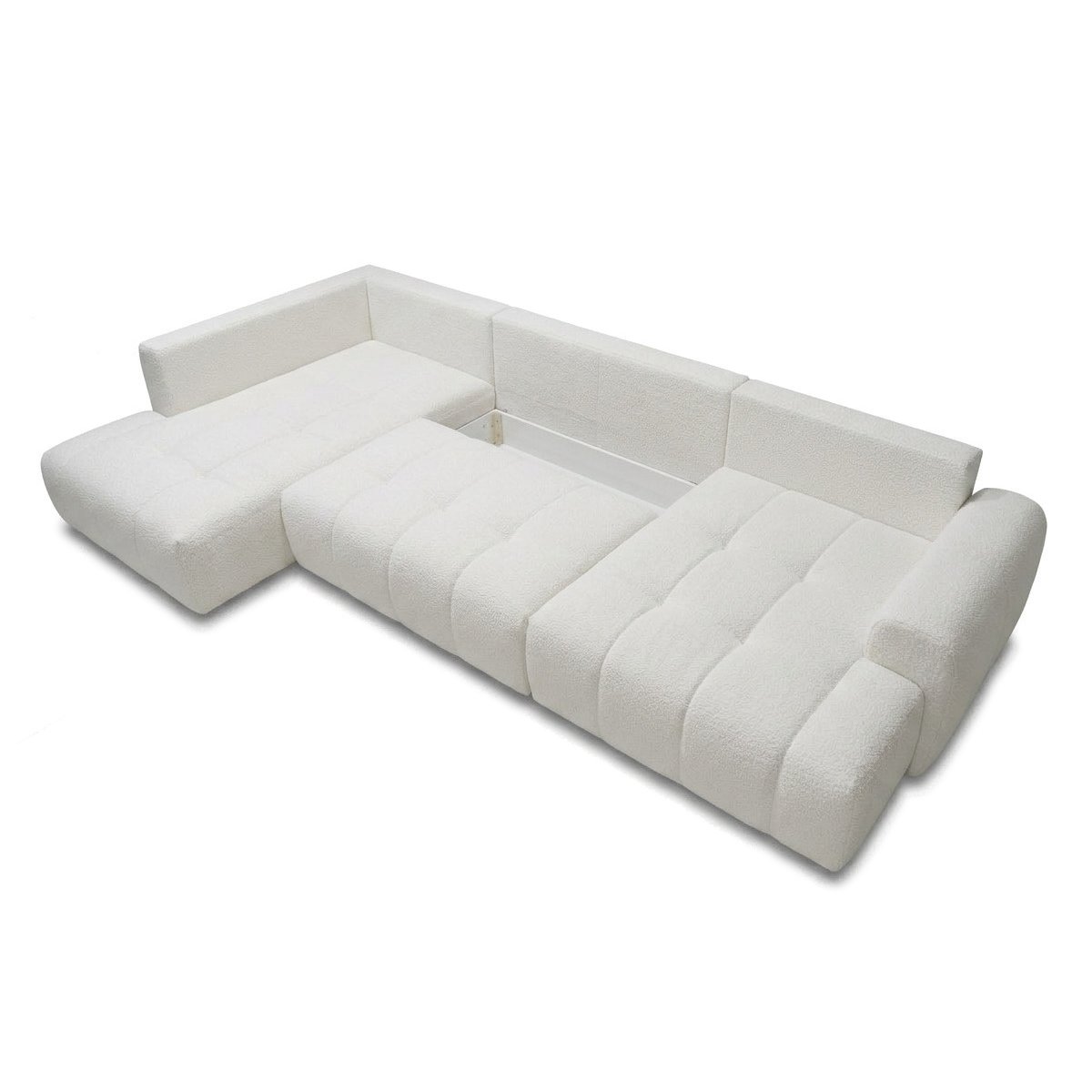 Canapé panoramique convertible 6 places en tissu bouclette, ROXELANE blanc, BOBOCHIC