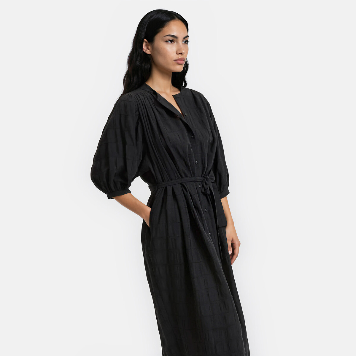 Robe longue ceinturée à manches bouffantes noir, LA REDOUTE COLLECTIONS