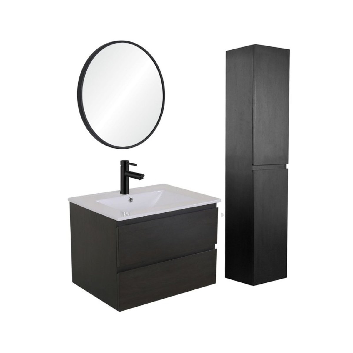 Meuble simple+robinet+miroir+colonne SORRENTO décor chêne carbone, MOB IN