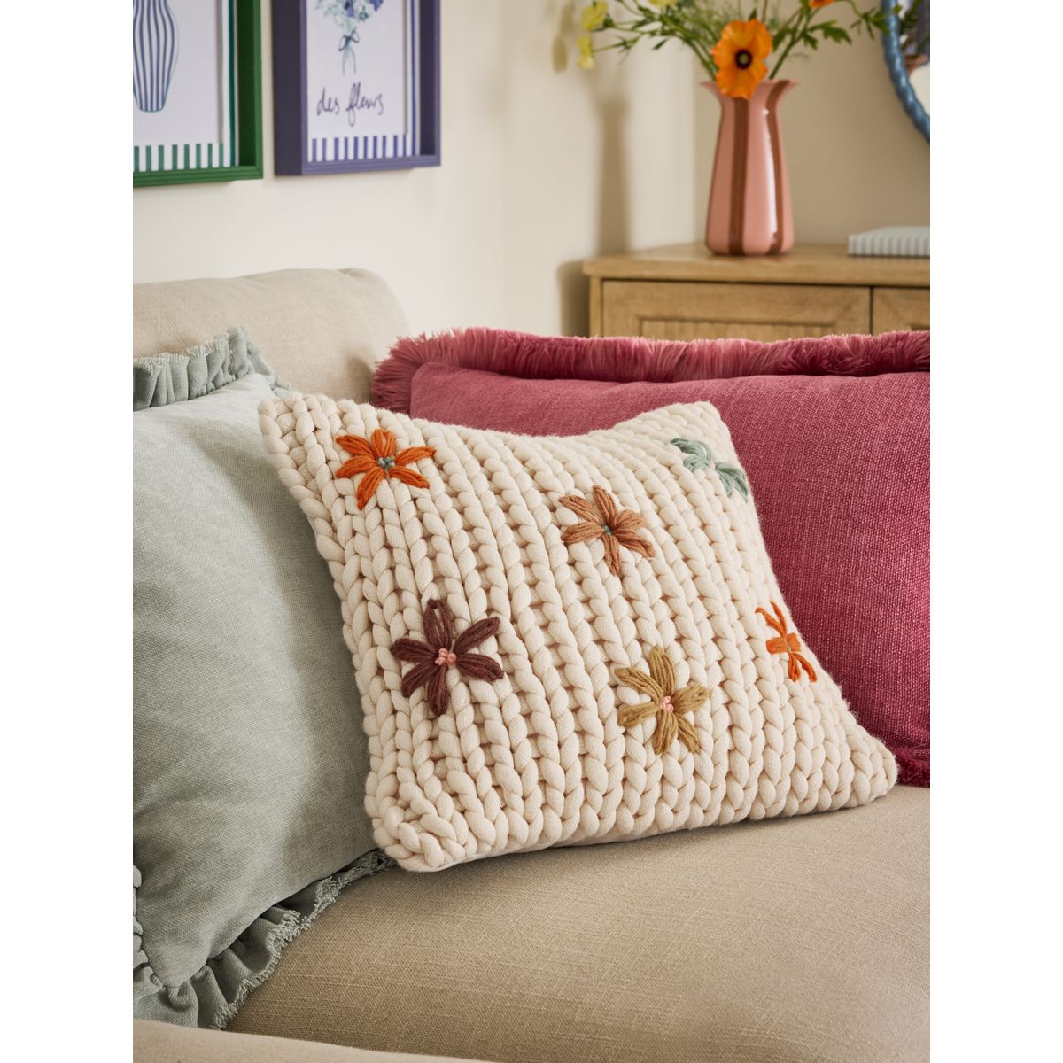 Coussin à fleurs et crochet épais naturel, NEXT