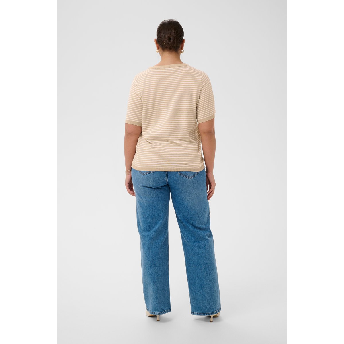 Pullover tricoté beige blanc feather mel/chalk fine stripe, KAFFE CURVE