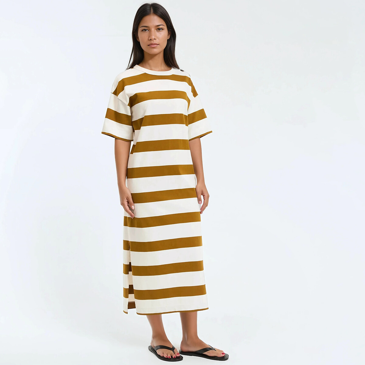 Robe longue rayée boutons épaules, manches courtes ecru rayé marron, LA REDOUTE COLLECTIONS