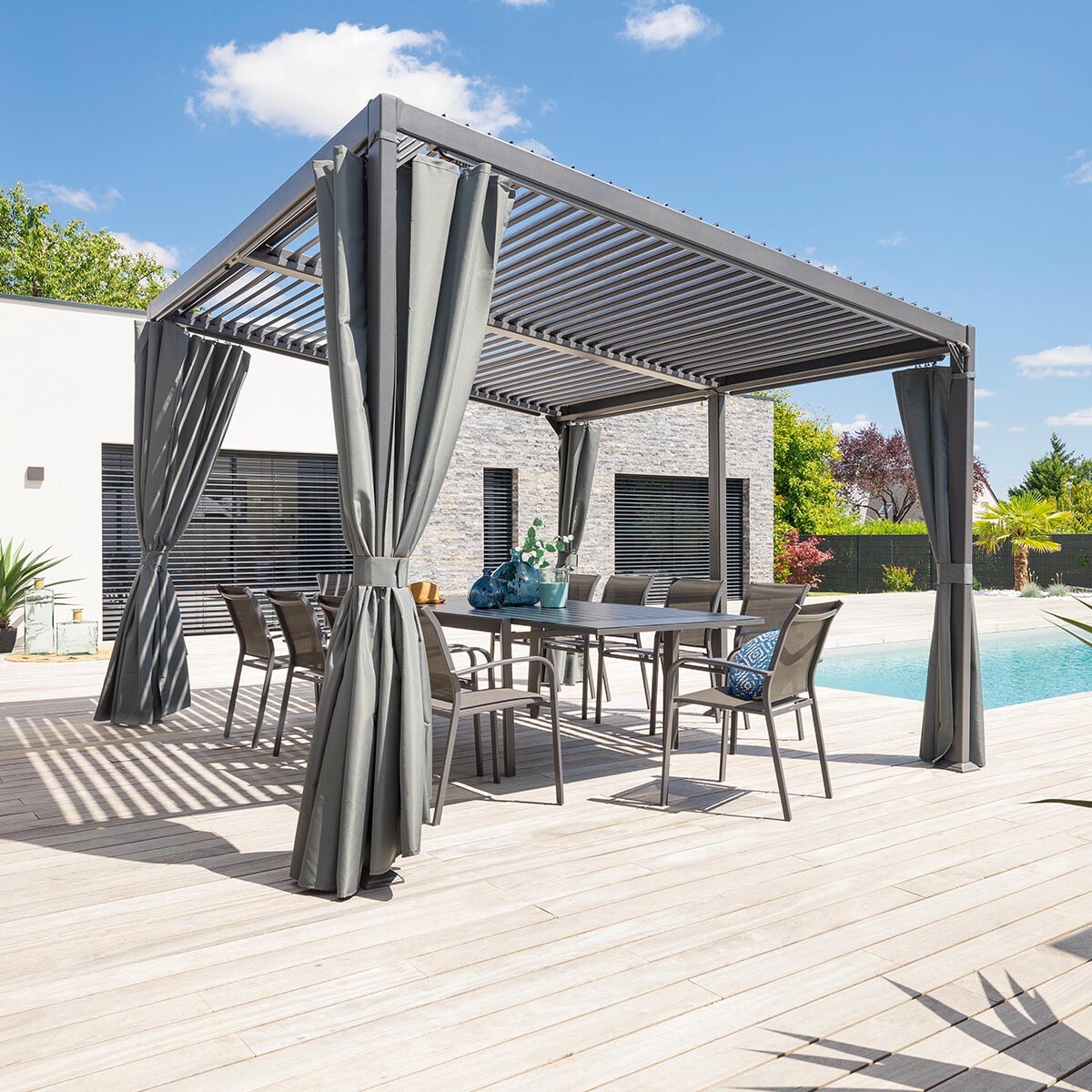 Pergola bioclimatique en aluminium toit incliné 6x3,5m AVILA gris graphite, HESPERIDE