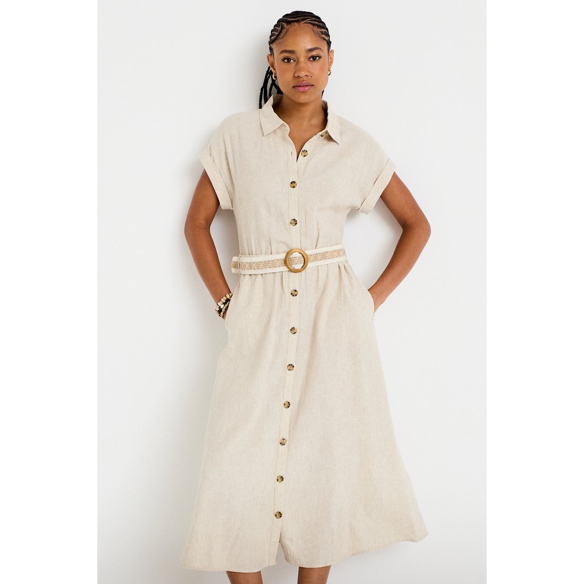 Robe évasée 3/4 col chemise ceinture beige, CACHE CACHE