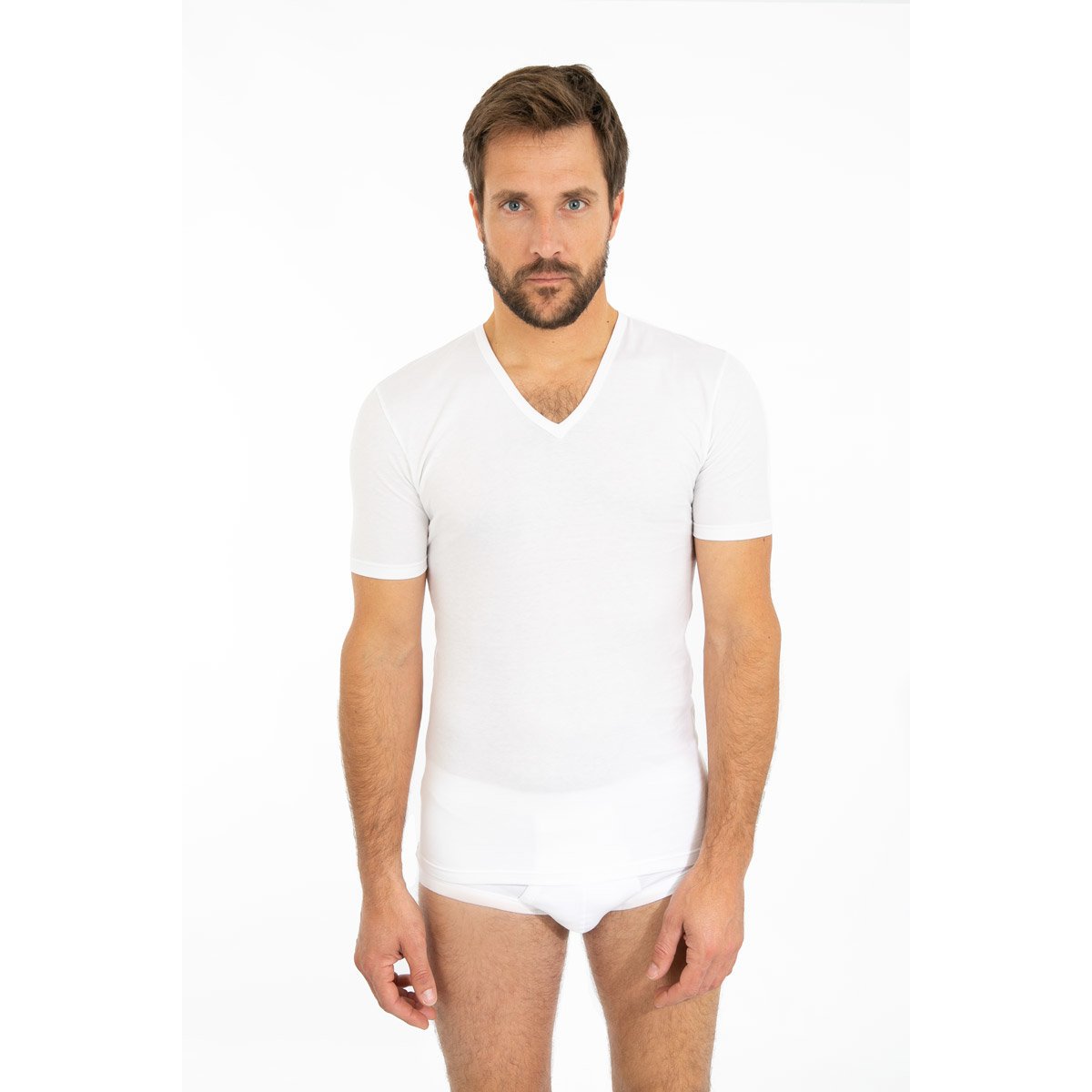 T-shirt col V en coton léger blanc, ARMOR-LUX
