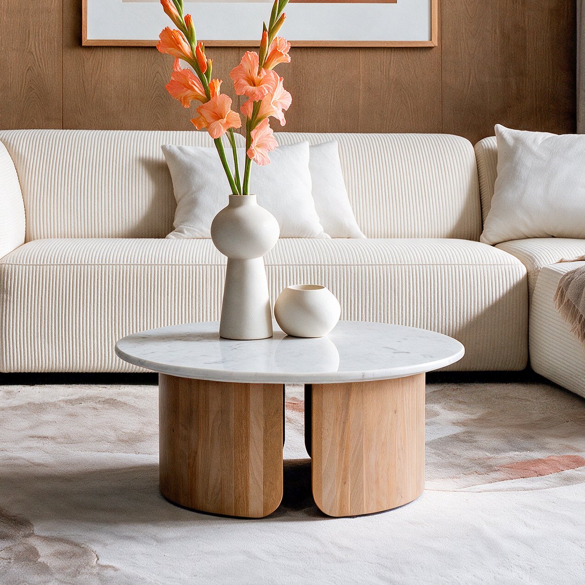 Table basse en marbre et bois de manguier - LÉANA blanc, MAISON PAVANE