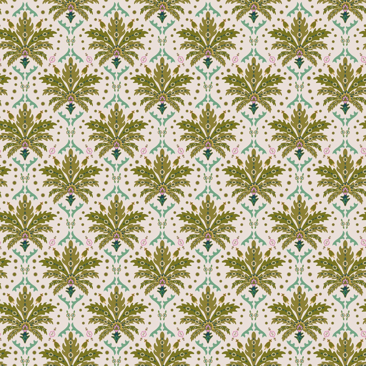 Papier peint Petits palmiers vert, crème, ocre, JOULES