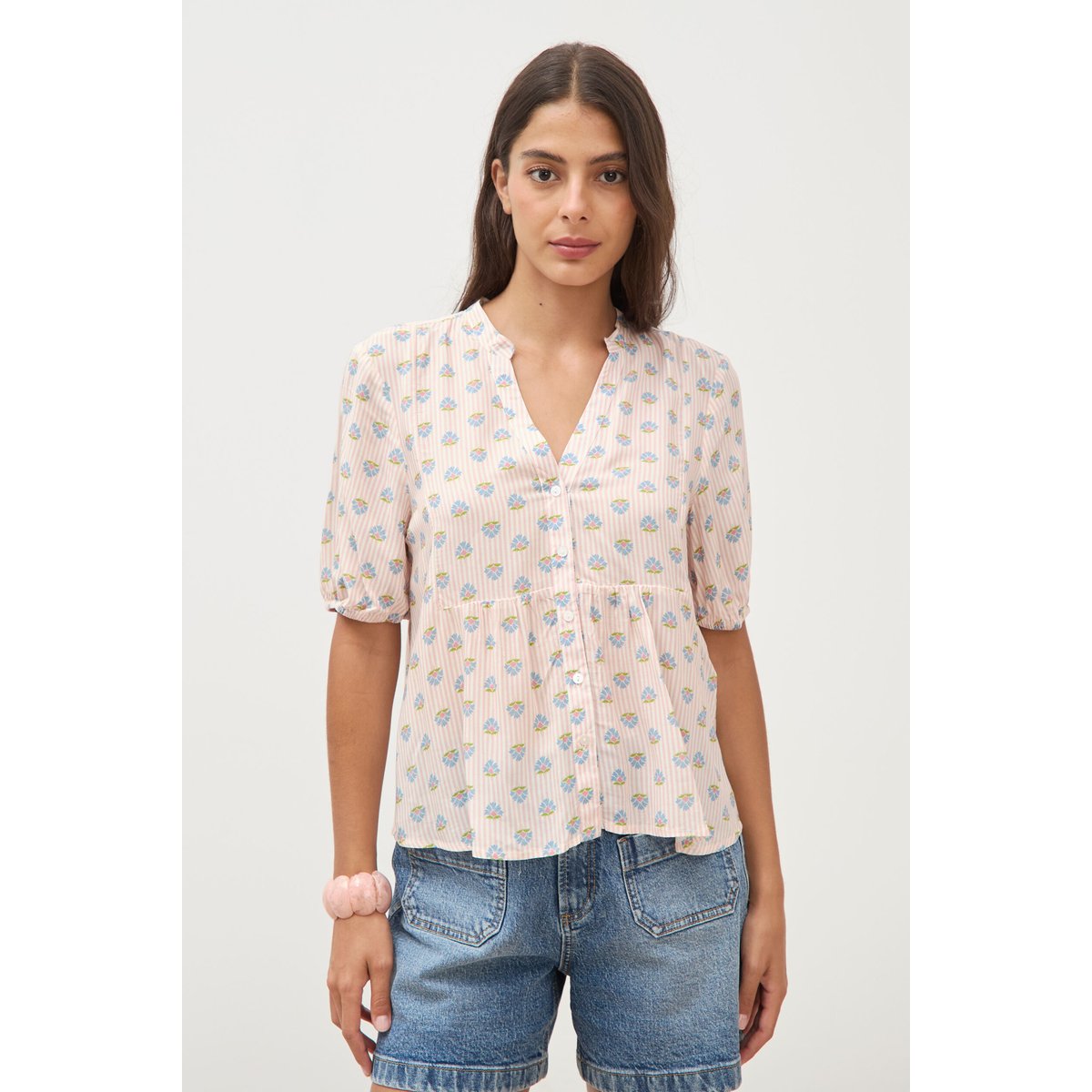 Chemise droite col v manches courtes rose, BONOBO