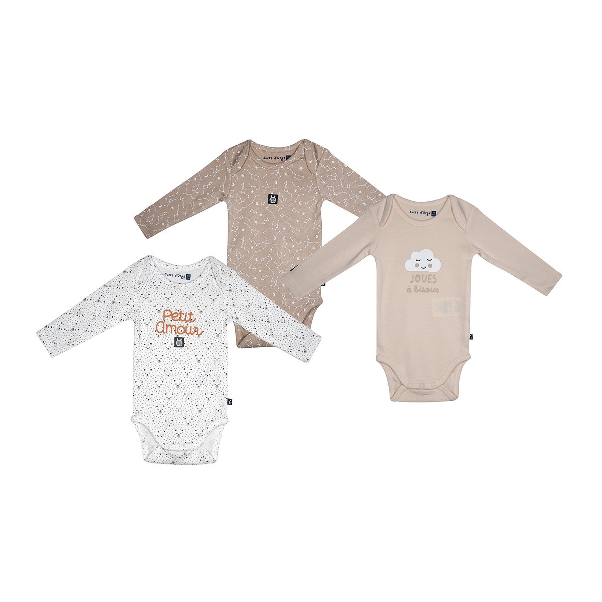 Lot de 3 bodies mael manches longues bebe beige, SUCRE D'ORGE