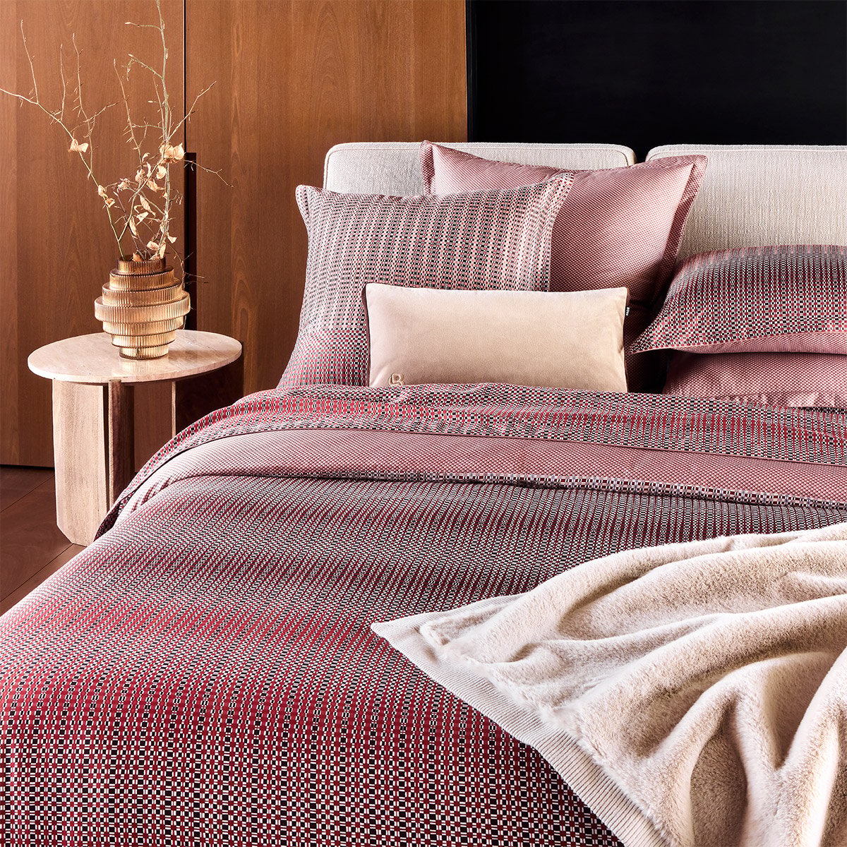 Drap plat en satin de coton rouge, VASSILY a motif, BOSS HOME