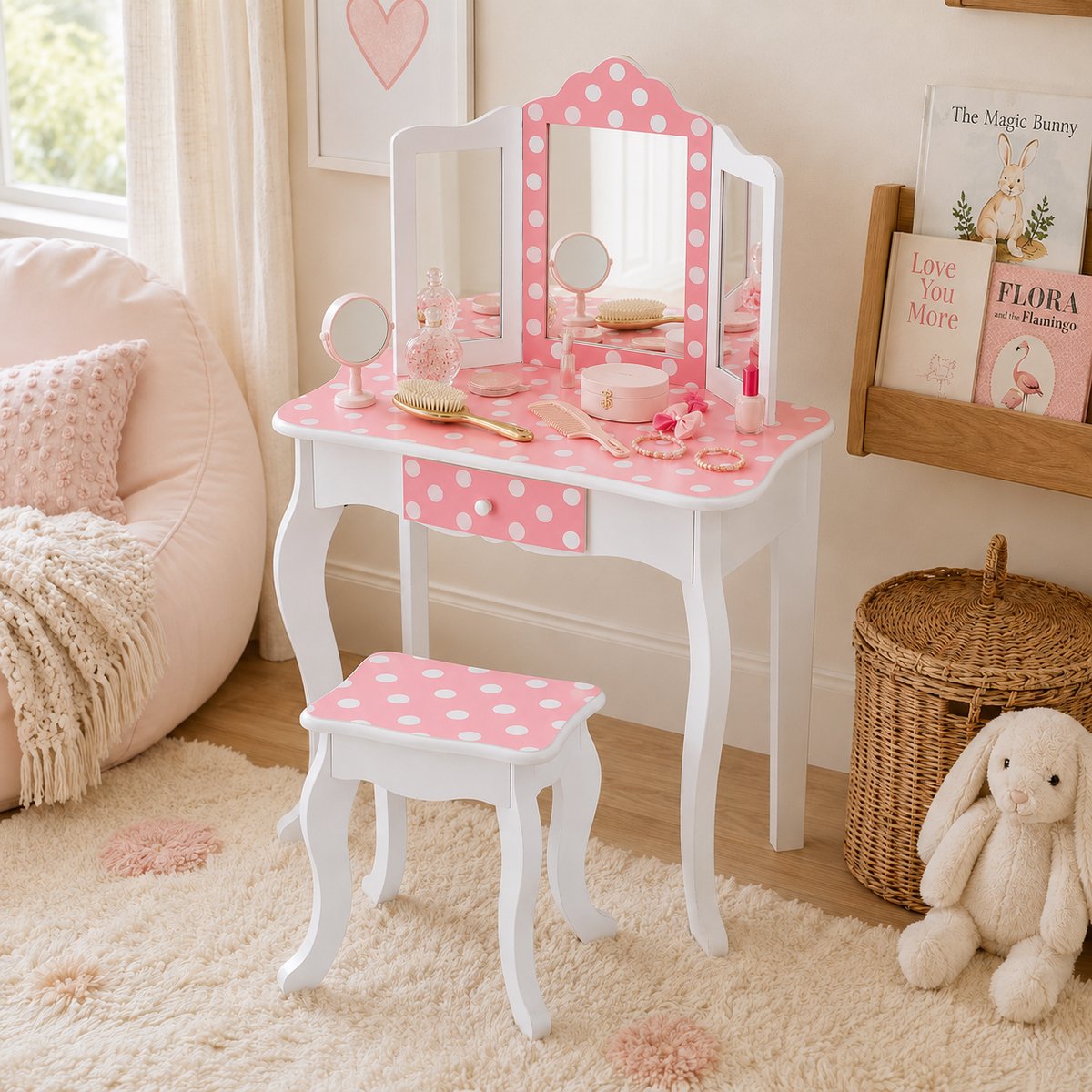 Coiffeuse Tabouret Enfant Bois avec miroir, tiroir et tabouret, FASHION PRINTS multicolore, TEAMSON KIDS