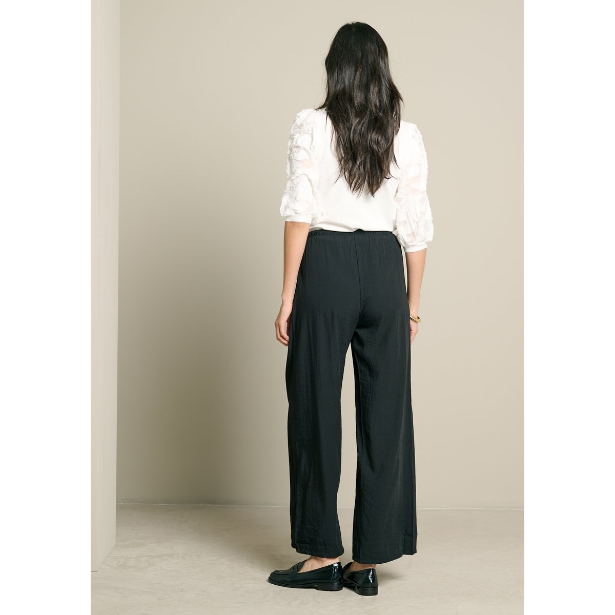 Pantalon large effet lin noir, LOLALIZA